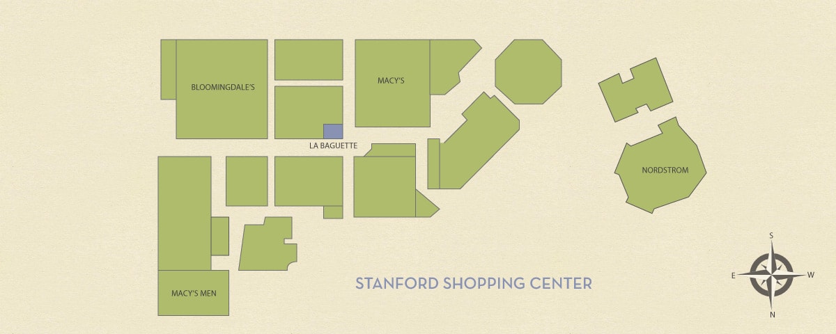 Stanford Shopping Center map showing La Baguette next to Macy's